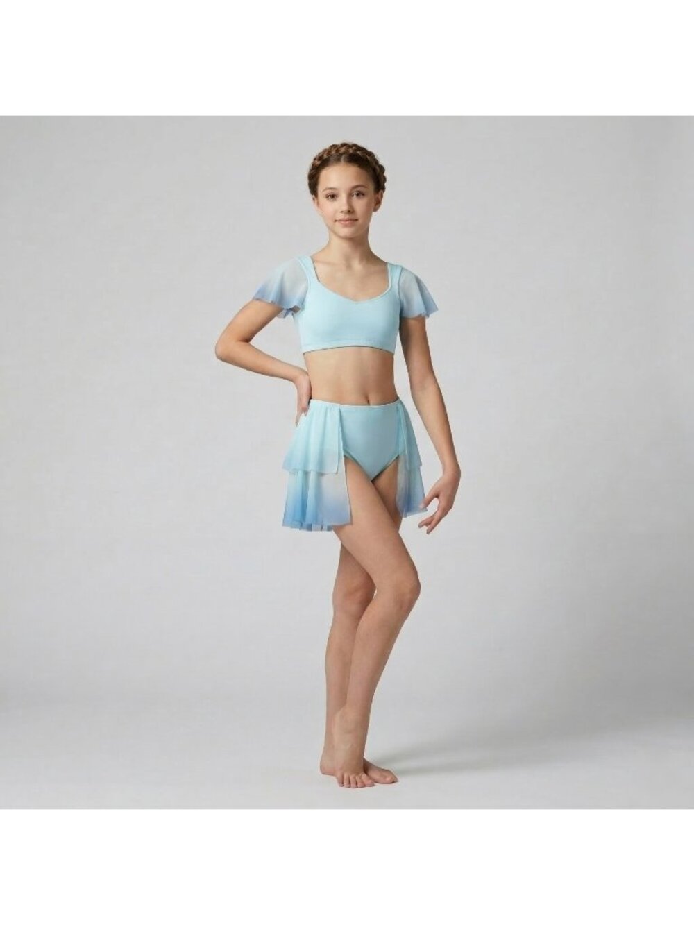 Girl's Custom Dance Costume Lyrical Light Blue Ombre Top & Briefs in size 13-14